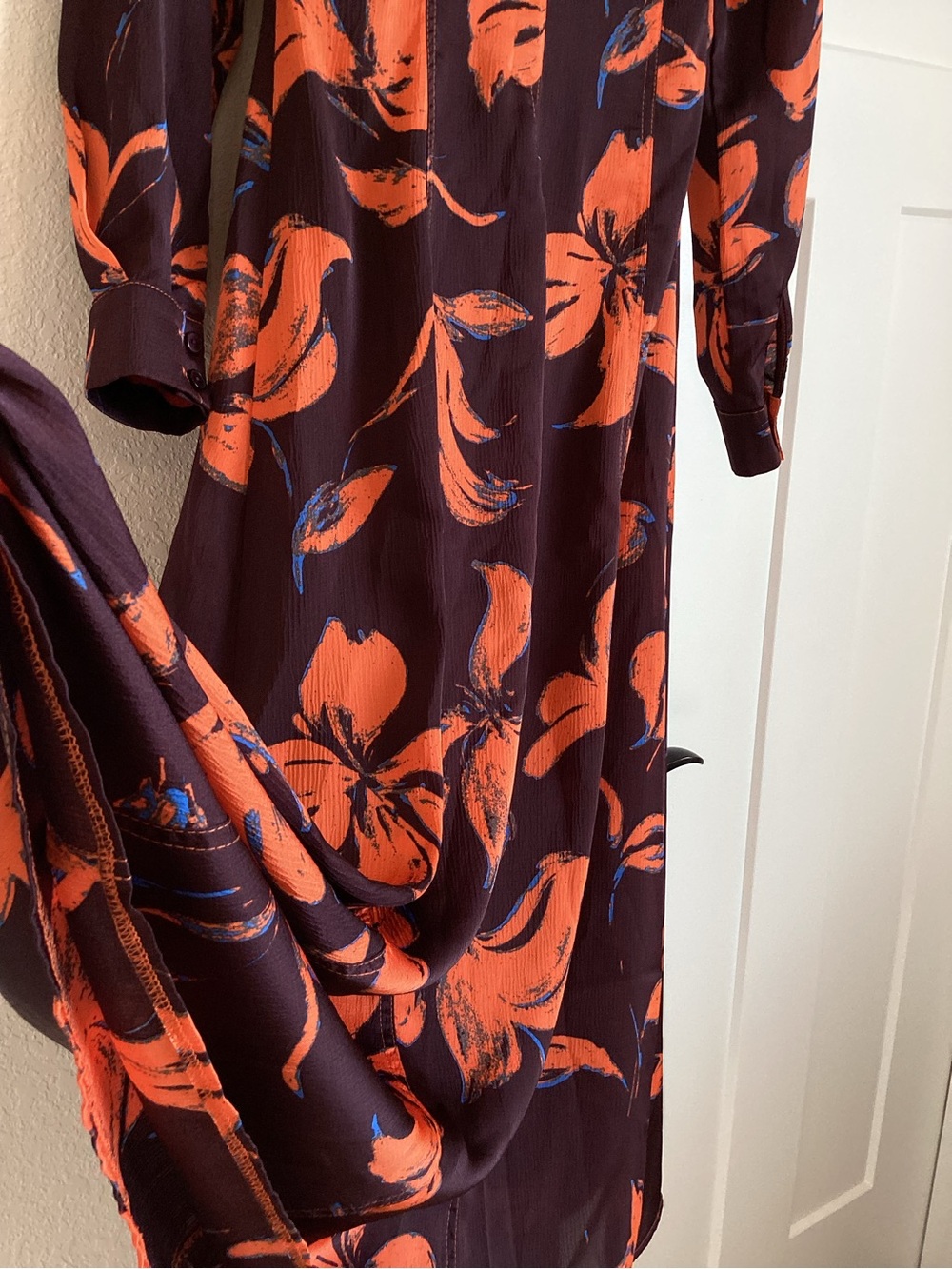 Exquise Long Sleeve Satin Shirt Dress Button Front New XXS Purple Orange Floral - Picture 11 of 13